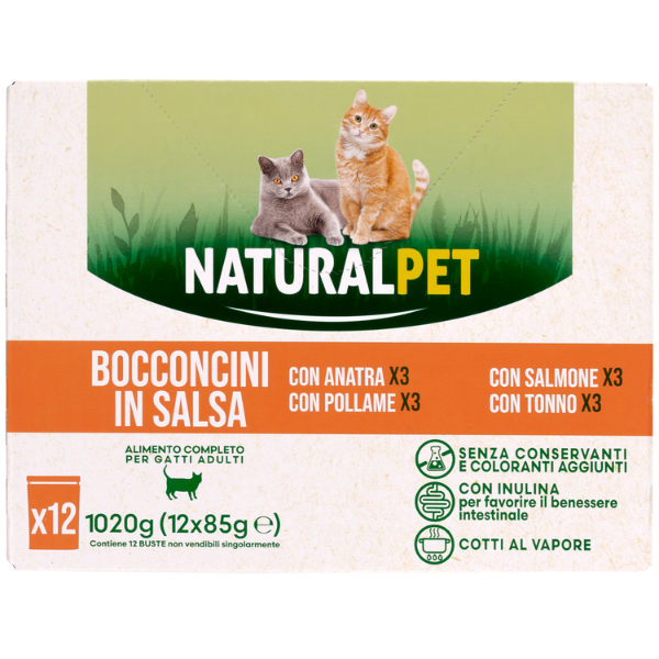 Bauzaar NaturalPet Cat Adult Bocconcini in salsa multipack 12x85 gr Smaltimento dello stoccaggio