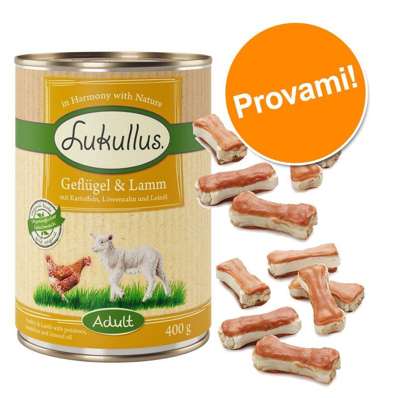 Zooplus Set prova misto: 6 x 400/800 g Lukullus + 12 Ossi da 5 cm Nuovo