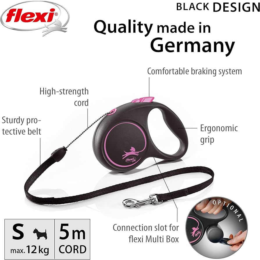 Miscota Flexi Guinzaglio di design nero e cavo rosa Novità
