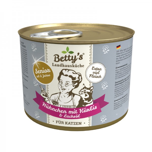 Betty's Landhausküche Senior Pollo e Zucca con Olio di Salmone Umido per Gatti Nuova